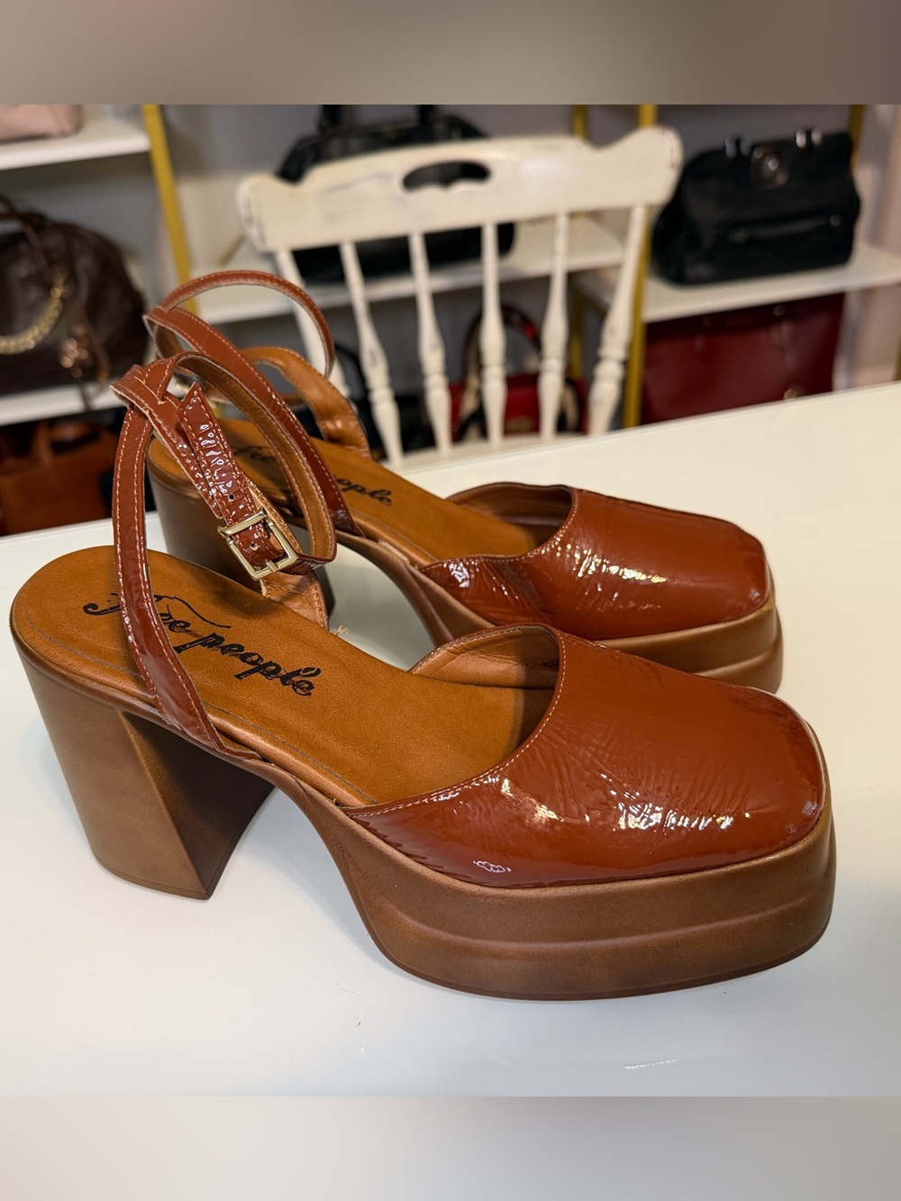 Free People Patent Leather Platform Sandals in Cognac Brown